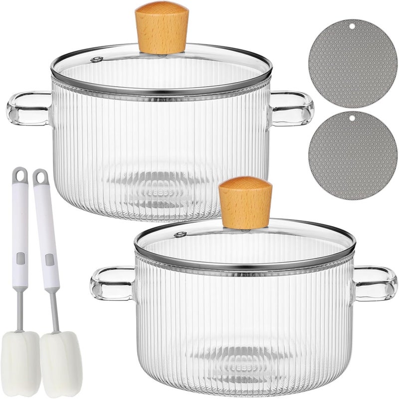 Tioncy 2 Pcs Clear Glass Pots for Cooking on Stove 1.3 L 44 oz Glass Saucepan with Lid Handle Simmer Pot Handmade Cookware Borosilicate Cooking Pot with Brushes and Silicone Mats(Ribbed) - Image 1
